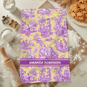 Vintage purple yellow toile de jouy printed tea towel