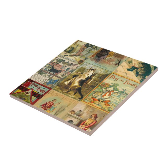 Vintage Puss in Boots Christmas Montage Tile (Side)