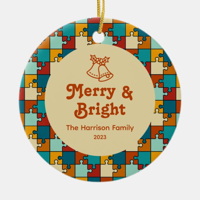 Vintage Puzzle Merry & Bright Family Photo Ceramic Tree Decoration (Front)