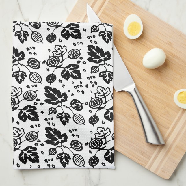 Vintage Pyrex Pattern - Gooseberry Black Tea Towel (Quarter Fold)