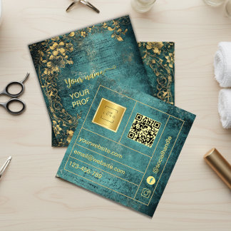 Vintage Qr Code Emerald Green Gold and Black  Square Business Card