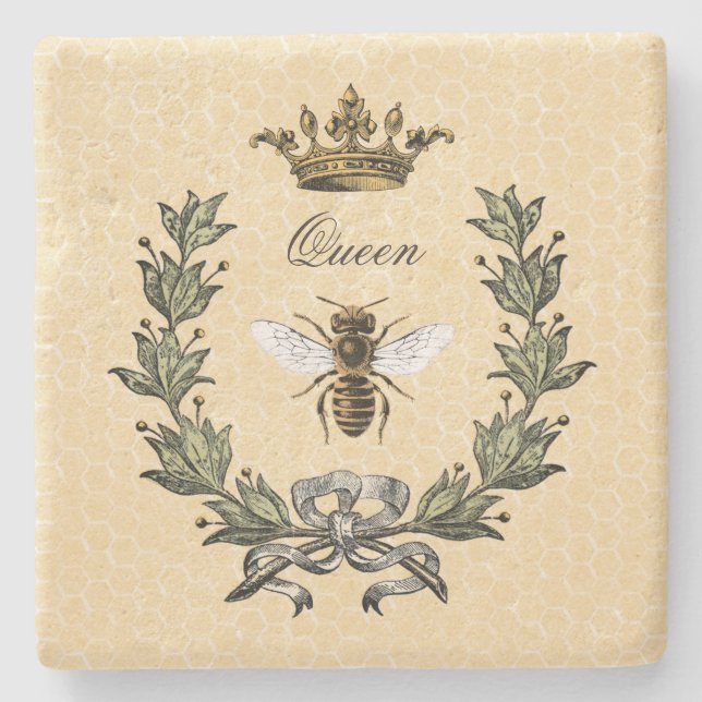 Vintage Queen Bee and Crown Stone Coaster (Front)