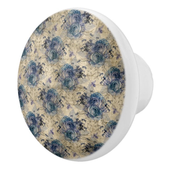 Vintage Queen Bee & Blue Roses Ceramic Pull (Right)