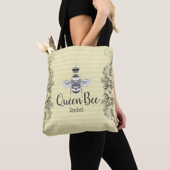 Vintage Queen Bee & Crown  | Personalised Tote Bag (Close Up)