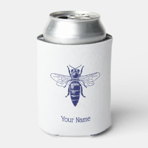 Vintage Queen Bee Drawing in Blue Can Cooler
