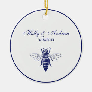 Vintage Queen Bee Drawing in Blue Ceramic Tree Decoration