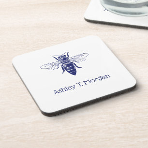 Vintage Queen Bee Drawing in Blue Coaster