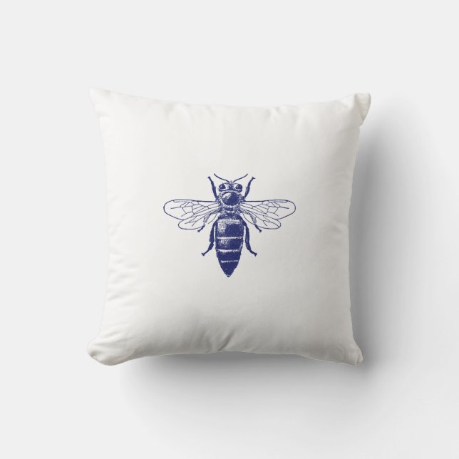 Vintage Queen Bee Drawing in Blue Cushion (Front)