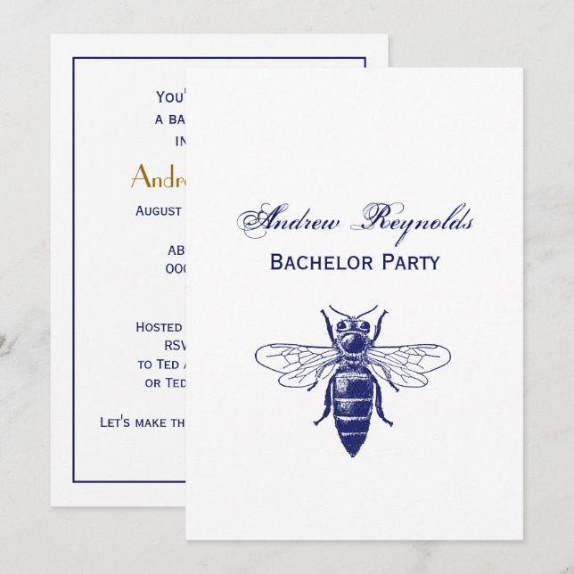 Vintage Queen Bee Drawing in Blue Invitation (Front/Back)