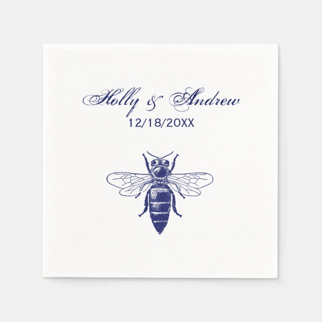 Vintage Queen Bee Drawing in Blue Napkin (Front)