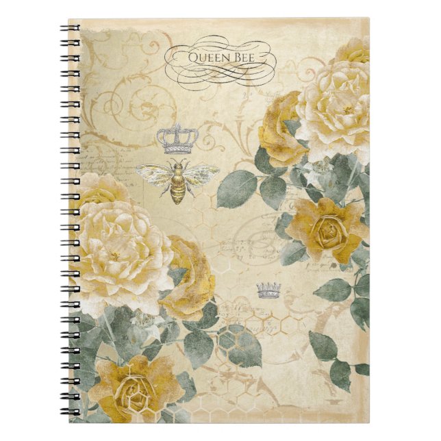 Vintage Queen Bee Gold Rose Floral Notebook (Front)