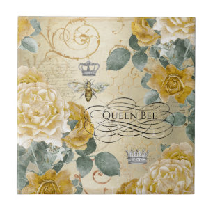 Vintage Queen Bee Golden Roses Floral Tile