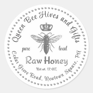 Vintage Queen Bee Honey Crown Script White    Classic Round Sticker