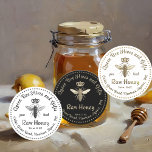 Vintage Queen Bee Honey Gold Crown Script Black    Classic Round Sticker<br><div class="desc">A beautiful 18th century French provincial design with queen bee and crown. Gold on black with dotted border.</div>