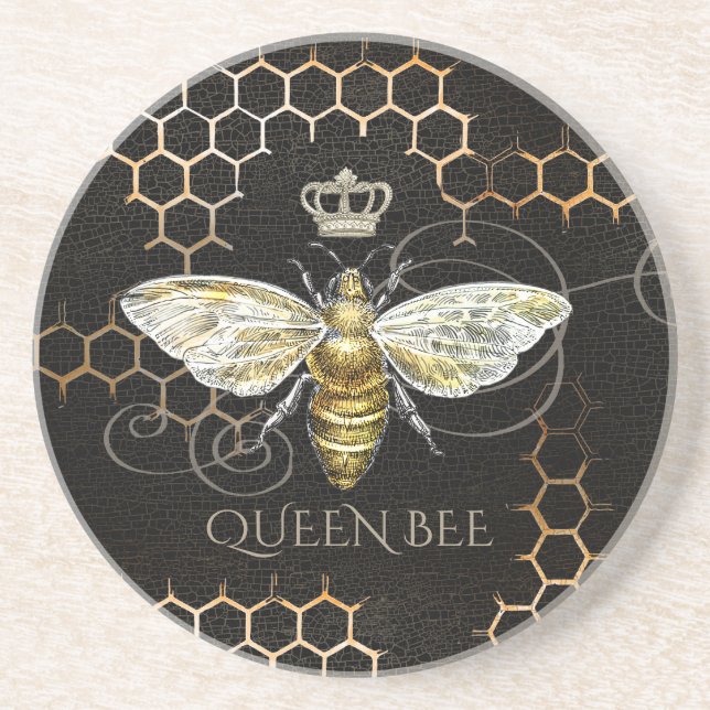 Vintage Queen Bee Royal Crown Black Coaster (Front)