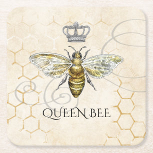 Vintage Queen Bee Royal Crown Honeycomb Beige Square Paper Coaster