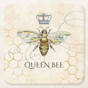 Vintage Queen Bee Royal Crown Honeycomb Beige Square Paper Coaster