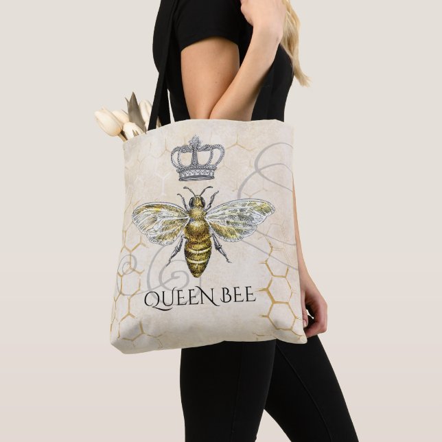 Vintage Queen Bee Royal Crown Honeycomb Beige Tote Bag (Close Up)