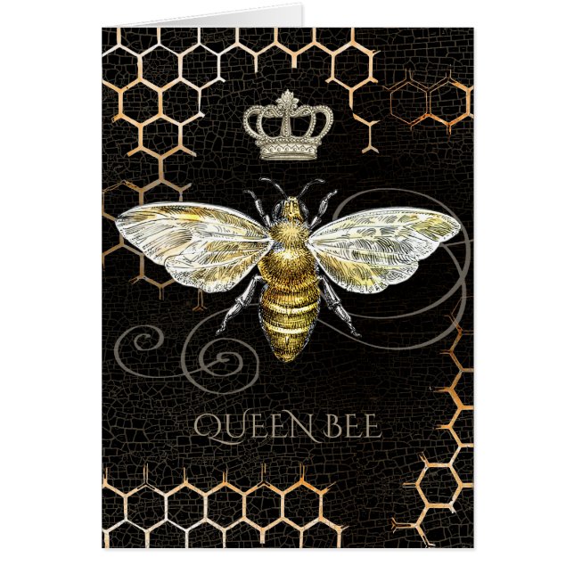 Vintage Queen Bee Royal Crown Honeycomb Black Card (Front)