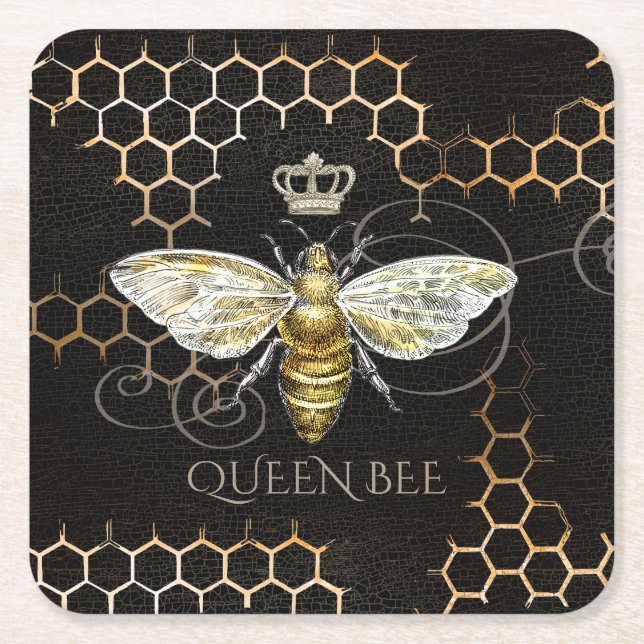 Vintage Queen Bee Royal Crown Honeycomb Black Square Paper Coaster (Front)