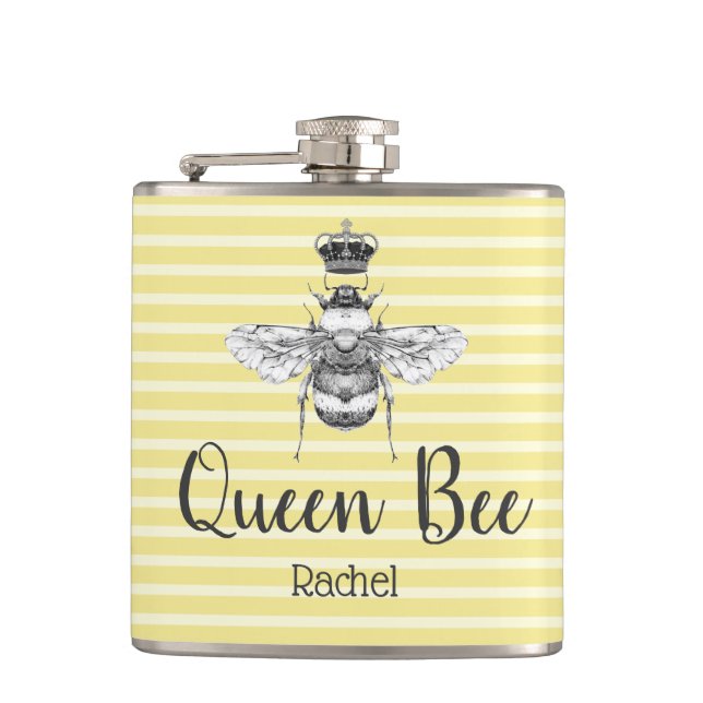 Vintage Queen Bee & Stripes | Personalised Hip Flask (Front)