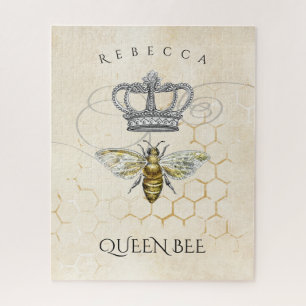 Vintage Queen Bee with Honeycomb Monogram Name Jigsaw Puzzle