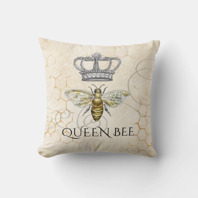 Vintage Queen Bee with Royal Crown Bee Hive Cushion (Front)