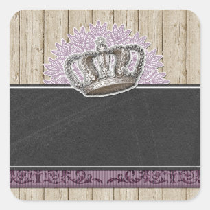 Vintage Queen Crown on Rustic Wood & Chalkboard Square Sticker