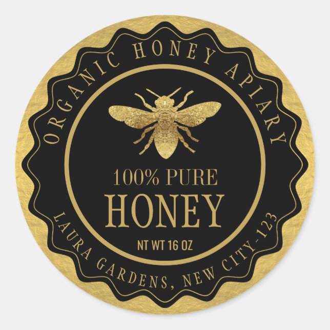 Vintage Queenline Bee Honey Jar Custom Label Gold (Front)