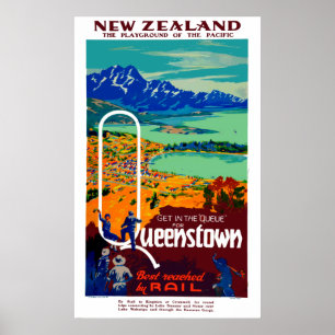 Vintage Queenstown New Zealand Travel Poster