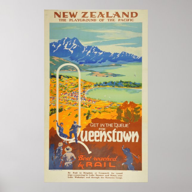 Vintage Queenstown New Zealand Travel Poster (Front)