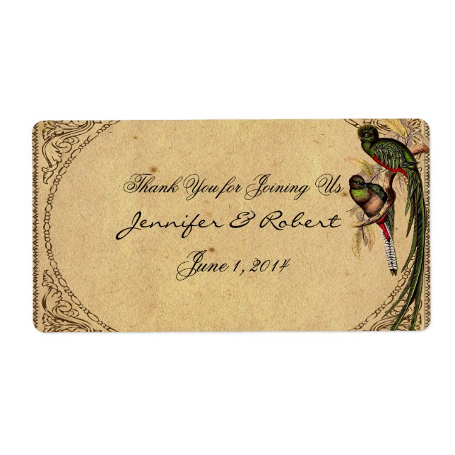 Vintage Quetzal Bird Elegant Water Bottle Label (Front)