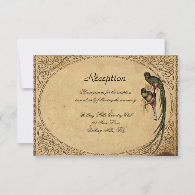 Vintage Quetzal Bird Elegant Wedding Reception Invitation (Front)