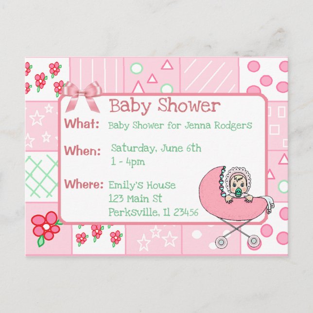 Vintage Quilt Pink Girl's Baby Shower Invitation (Front)