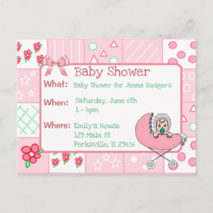 Vintage Quilt Pink Girl's Baby Shower Invitation Postcard