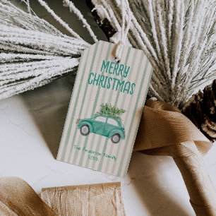 Vintage Quirky Green Merry Christmas Car Tree Gift Tags