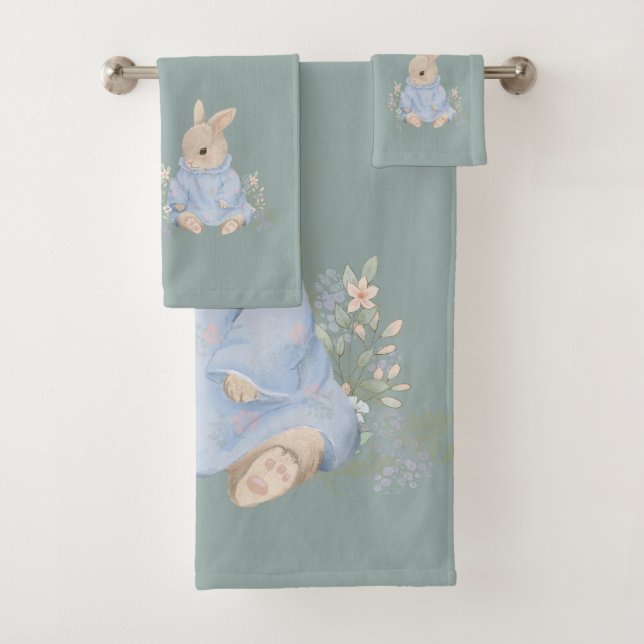   vintage rabbit beatris with flowers bath towel set (Insitu)