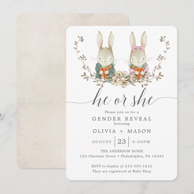 Vintage Rabbit Botanical Baby Gender Reveal Invitation (Front/Back)