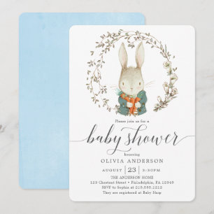 Vintage Rabbit Botanical Blue Boy Baby Shower Invitation