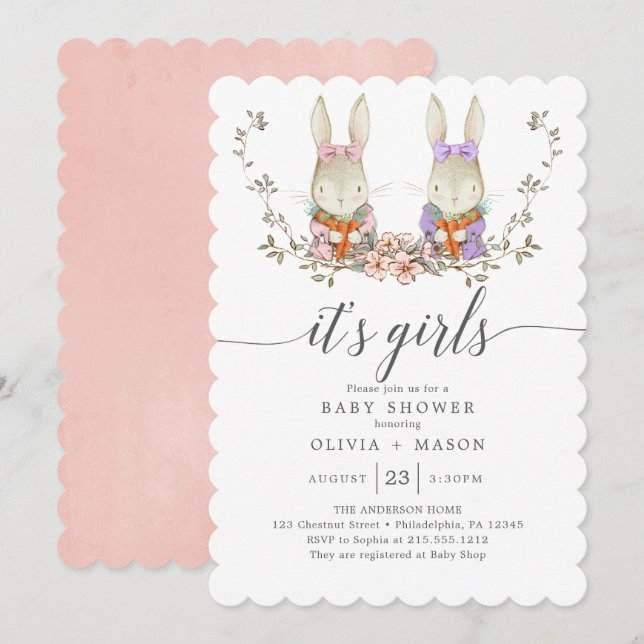 Vintage Rabbit Botanical Twin Baby Shower Invitation (Front/Back)
