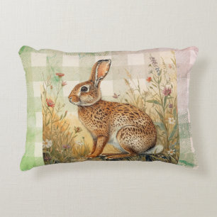 Vintage Rabbit Bunny,Flowers Garden,Chequered Art Decorative Cushion