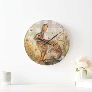 Vintage Rabbit Bunny,Flowers Garden,Chequered Art Large Clock