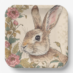 Vintage Rabbit, Cute Bunny Rabbit, Flowers Pattern Paper Plate