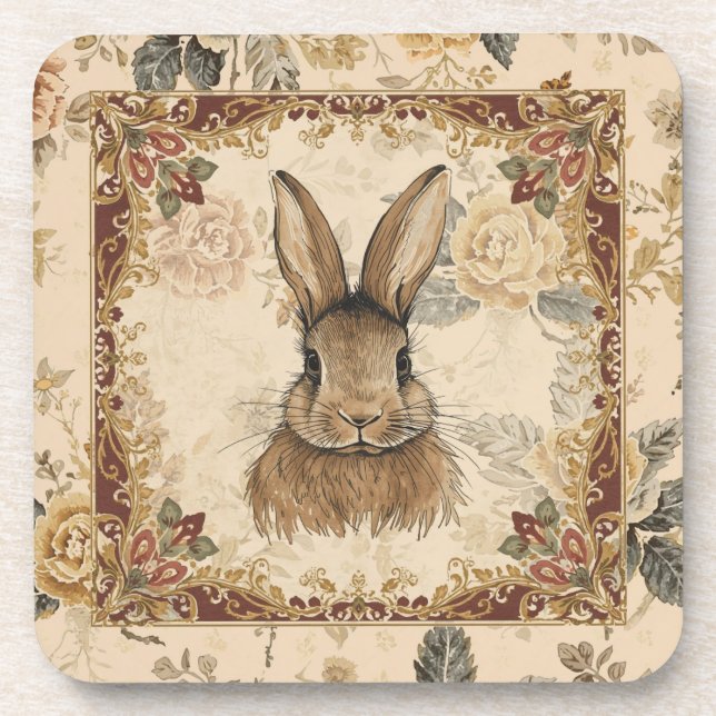 Vintage Rabbit,Cute Rabbit with Flowers Pattern Coaster (Front)