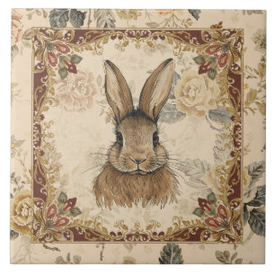 Vintage Rabbit,Cute Rabbit with Flowers Pattern Tile