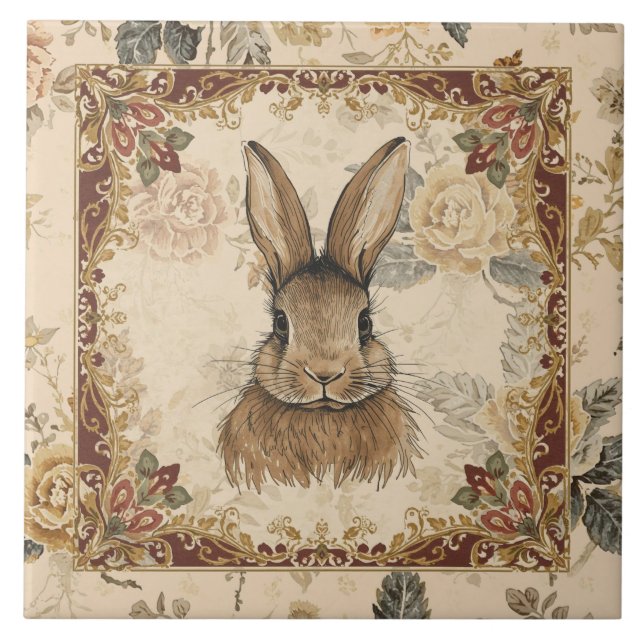 Vintage Rabbit,Cute Rabbit with Flowers Pattern Tile (Front)