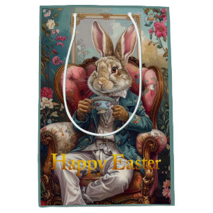 Vintage rabbit Drinking Tea Happy Easter Medium Gift Bag