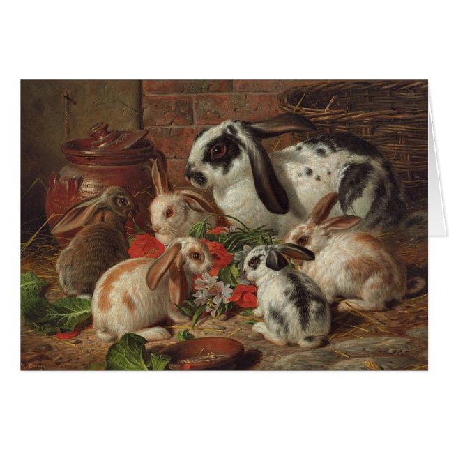Vintage - Rabbit Family Eating Flowers, (Front Horizontal)