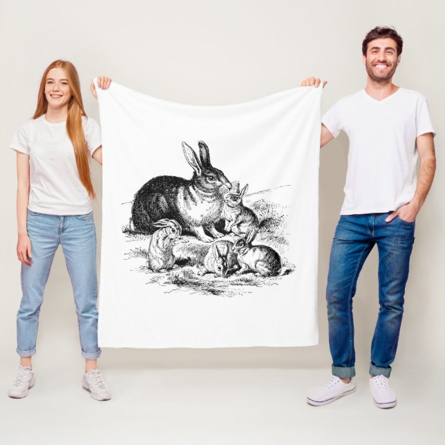 Vintage Rabbit Family Illustration, Baby Bunnies Fleece Blanket (In Situ)