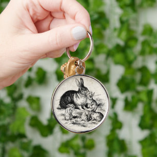Vintage Rabbit Family Illustration, Baby Bunnies Key Ring